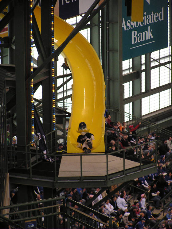 Bernie Brewer sliding after a Home run